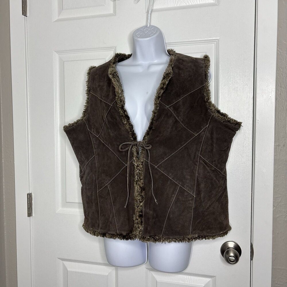 Genuine Leather Sherpa Lined Vest Brown Western Boho Tie Front